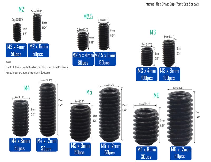 LBY 720pcs M2 M2.5 M3 M4 M5 M6 Hex Socket Drive Cup-Point Set Screws Assortment Kit, Socket Head Cap Screws, Grub Screws, 12 Sizes, Carbon Steel (Black) - Image 5
